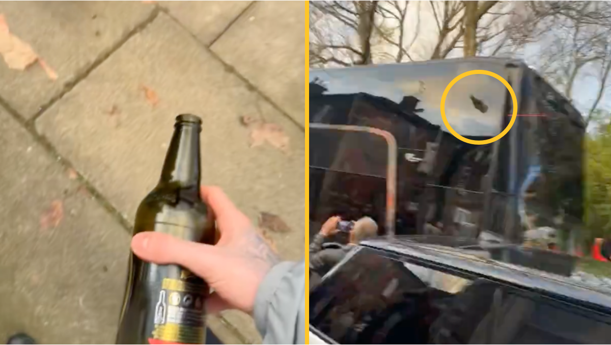 Liverpool on manhunt after fan throws bottle at Man United bus [Video]