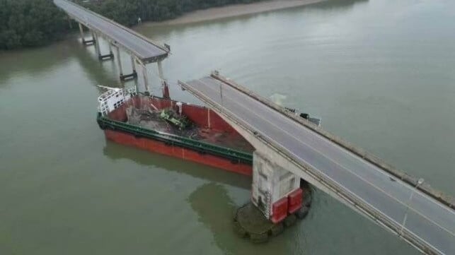 Chinese Cargo Ship Hits Bridge Collapsing Roadway and Killing Five People [Video]