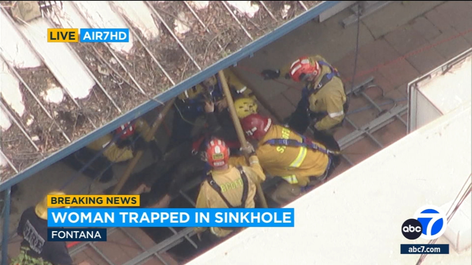 Woman falls in sinkhole: San Bernardino County rescue team pulls out resident in Fontana, California [Video]