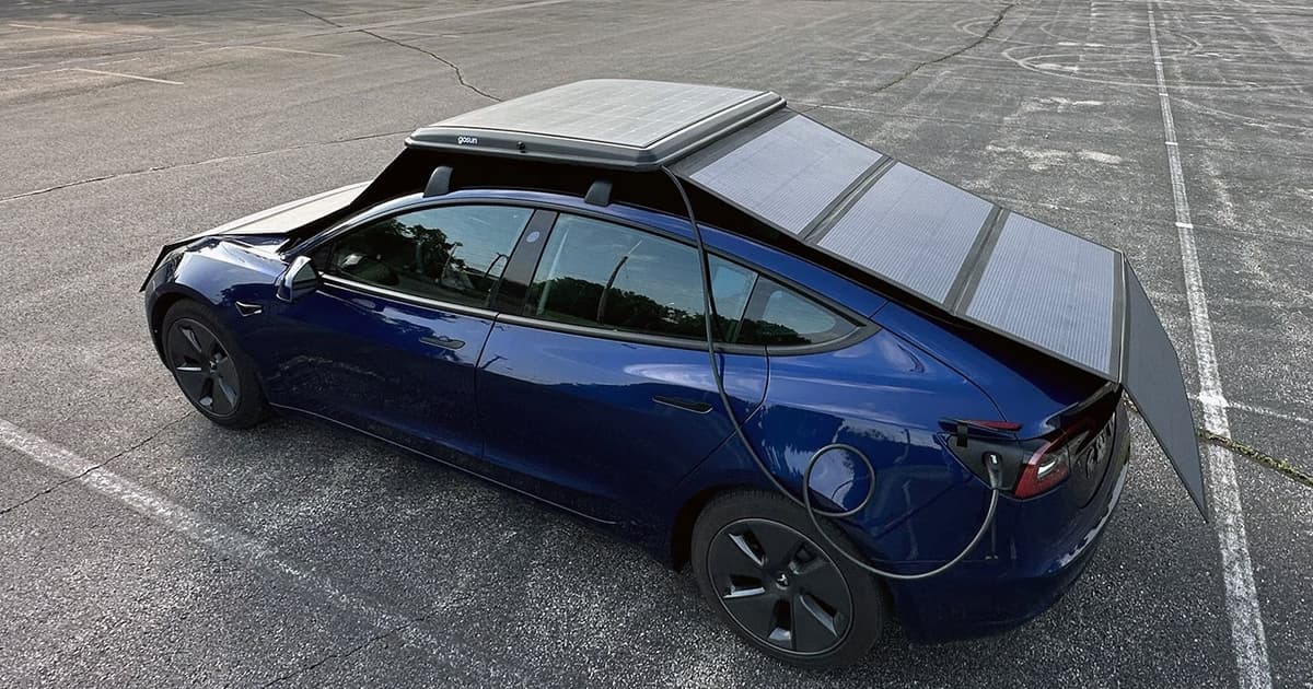 Rooftop EV solar box unravels to 6x its size, charging car off-grid [Video]