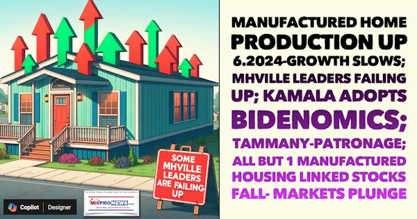 Manufactured Home Production Up 6.2024-Growth Slows; MHVille Leaders Failing Up; Kamala Adopts Bidenomics; Tammany-Patronage; All But 1 Manufactured Housing Linked Stocks Fall- Markets Plunge [Video]